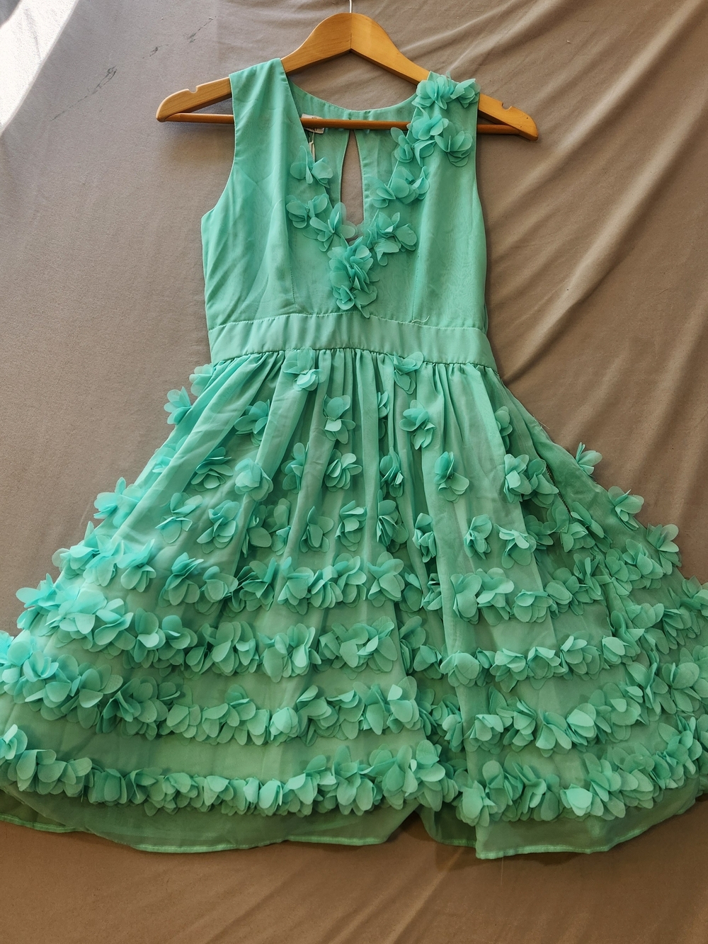 Mini Dress with Layered Floral Appliqué in Mint Green